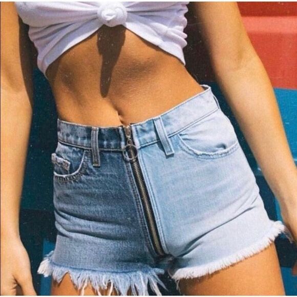 Revice Denim Two Tone Shorts Zipper Detail Made in USA LA Raw Hem Cut Off SZ 32 - Picture 1 of 16